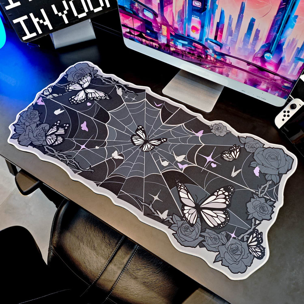 Load image into Gallery viewer, Butterfly Desk Pad | Rose Spider Web Halloween Witch Gothic Mousepad
